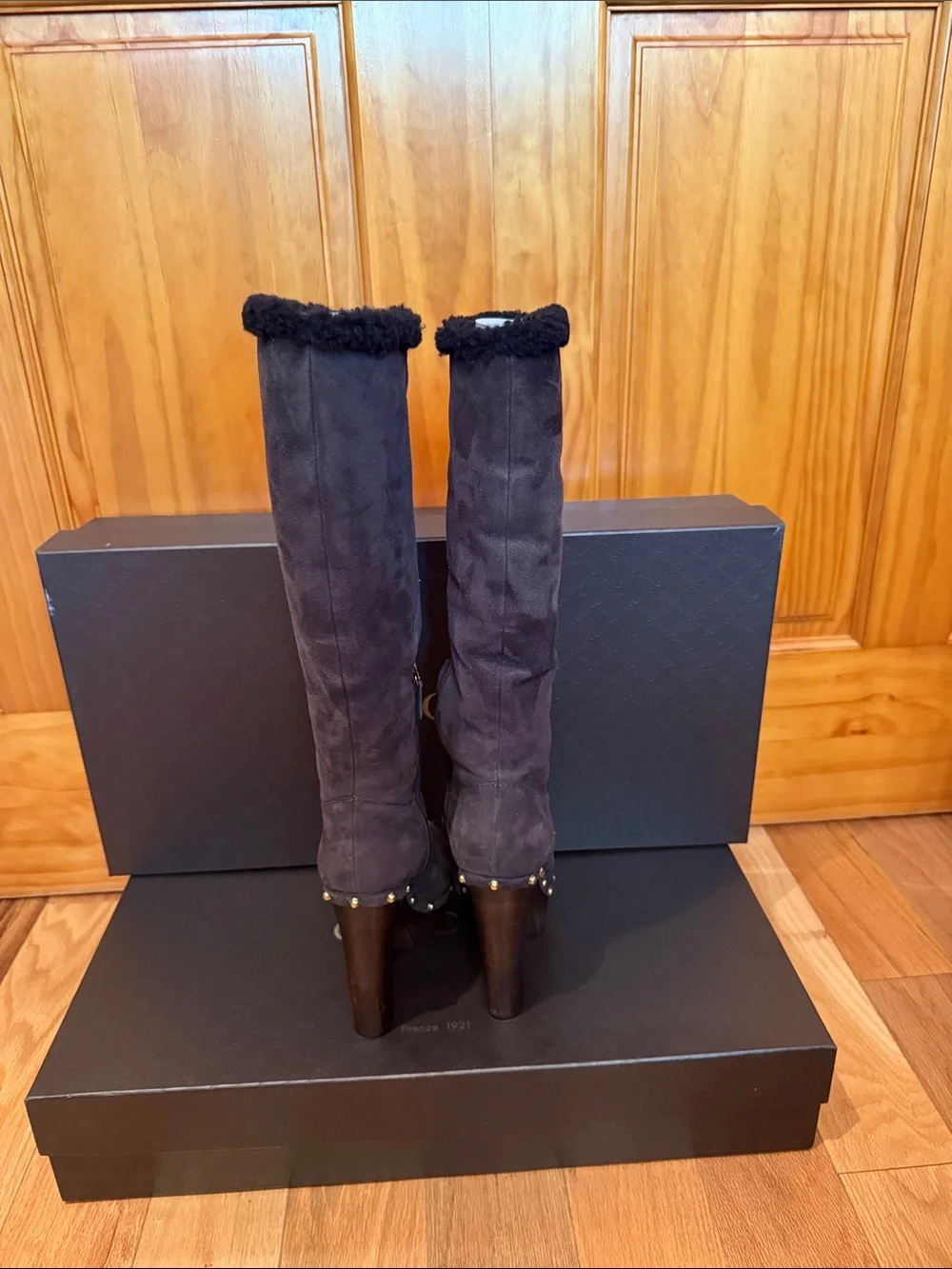 Gucci Black Suede  Shearling Stud Boots